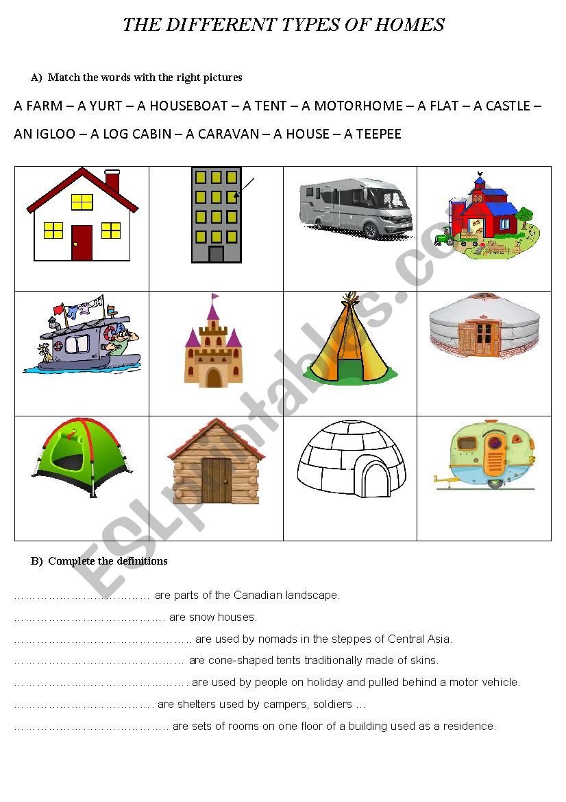 The different types of homes worksheet