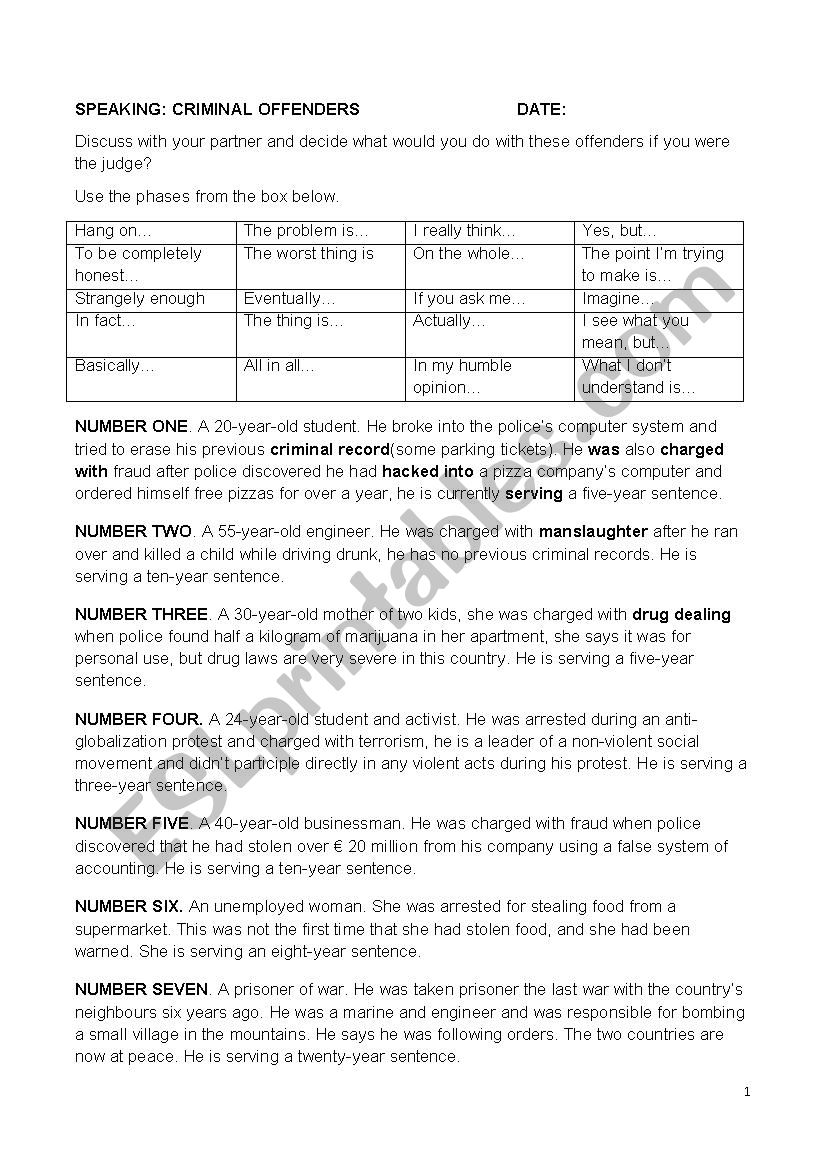 Speaking - Criminal Offenders worksheet