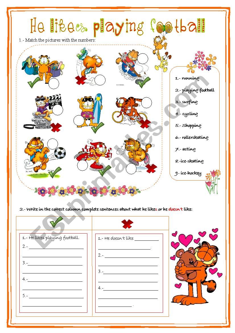 Garfields hobbies worksheet