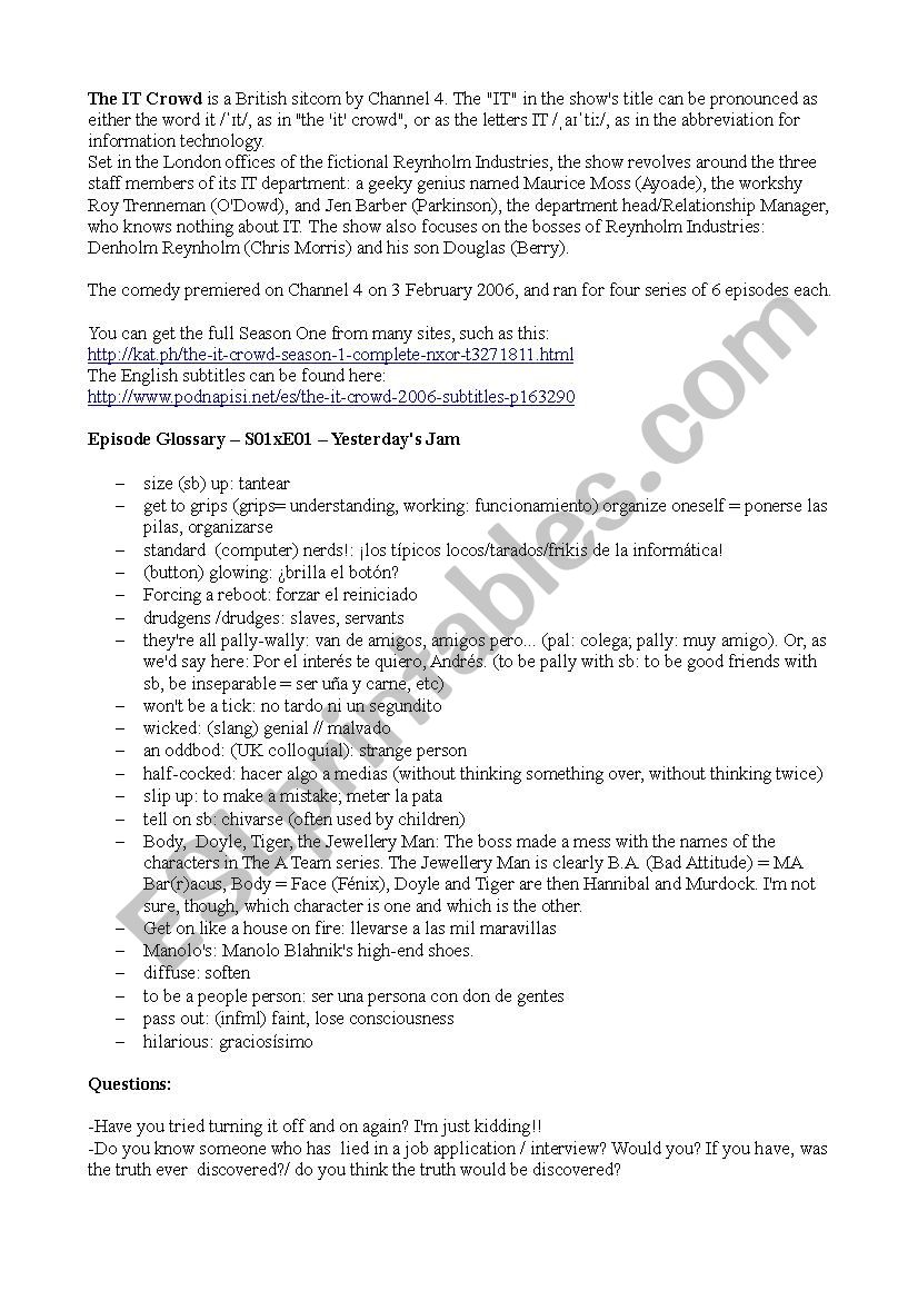 ITCrowd speaking activity worksheet