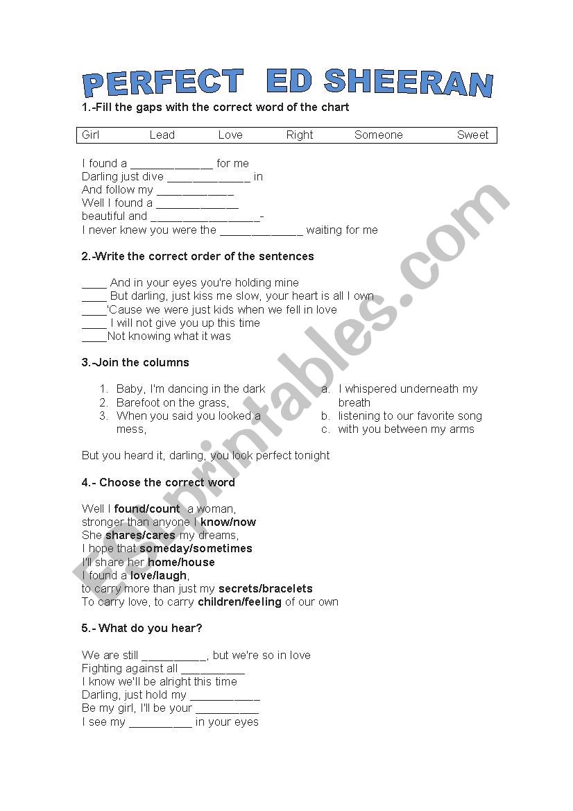 perfect by ed Sheeran worksheet