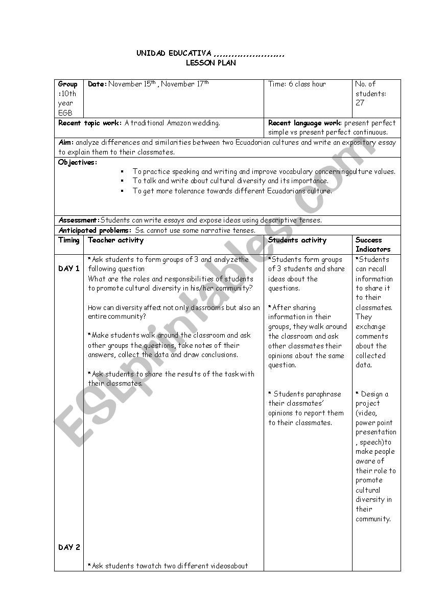 Lesson plan on Cultural Diversity