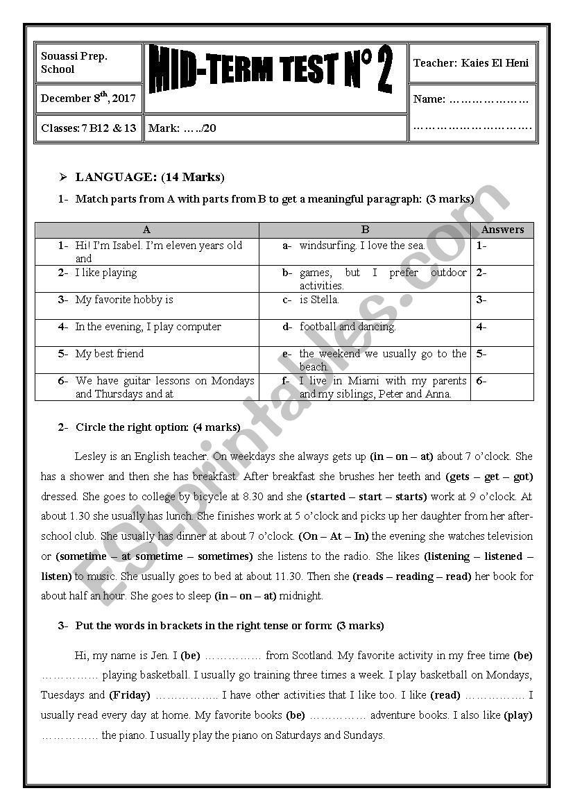 2017 / 2018 7th Form Mid-Term Test 2