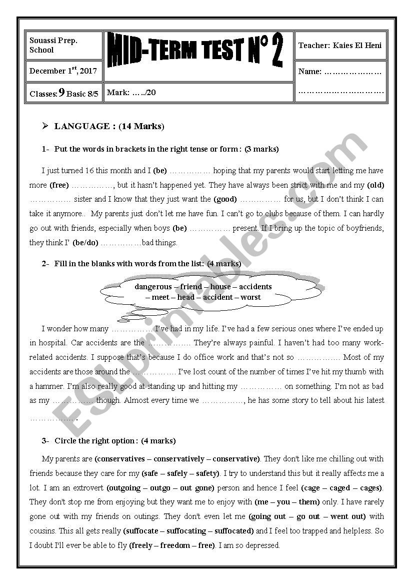 2017 / 2018 9th Form Mid-Term Test 2