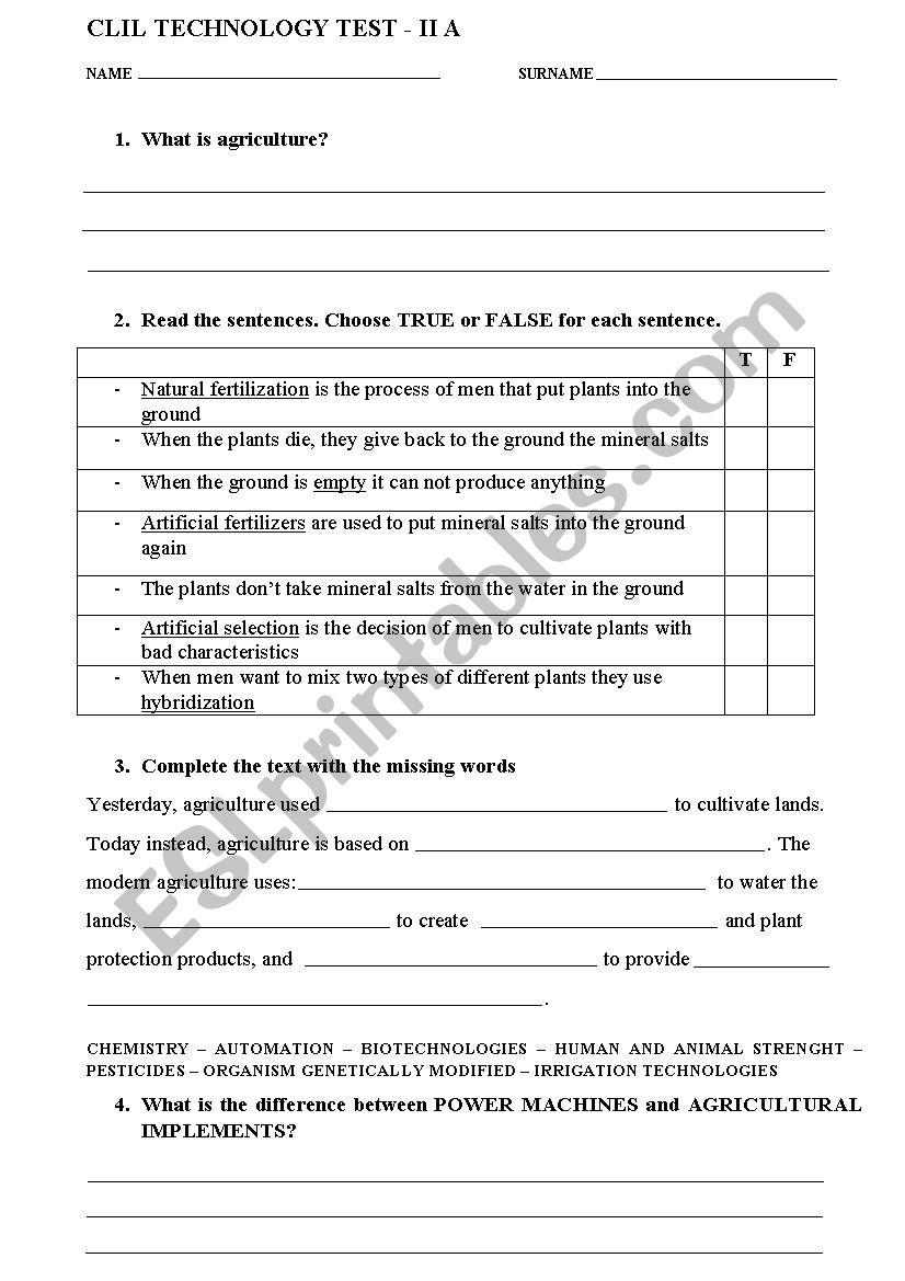 Agriculture test worksheet