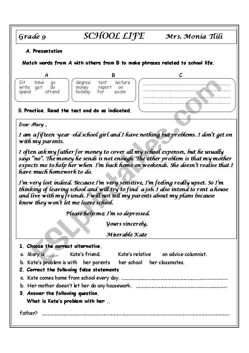 school life worksheet