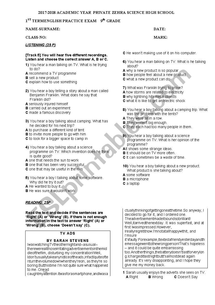 Practice Test B1 worksheet