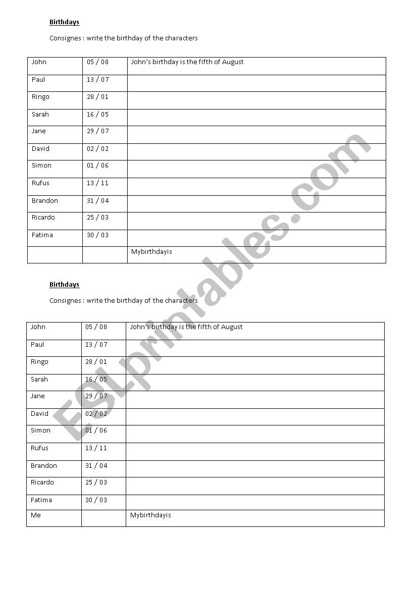 Birthdays worksheet worksheet