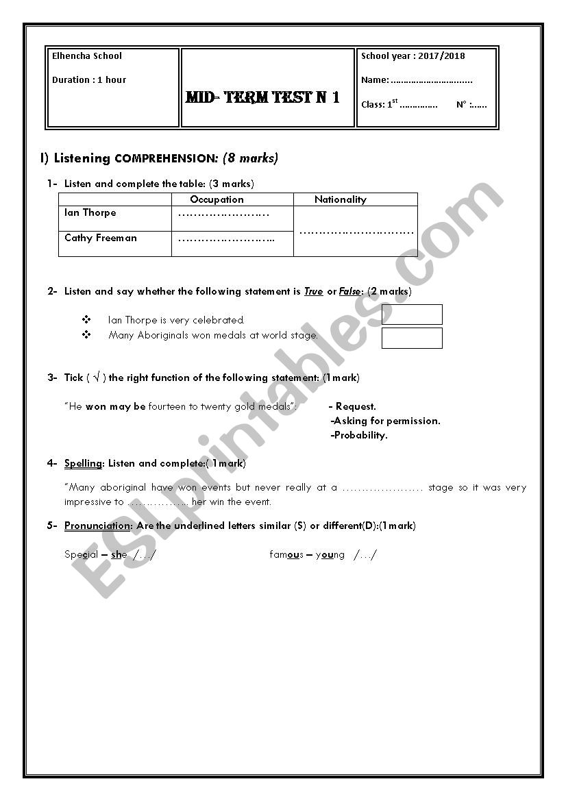 mid-term test N1 (First form) worksheet