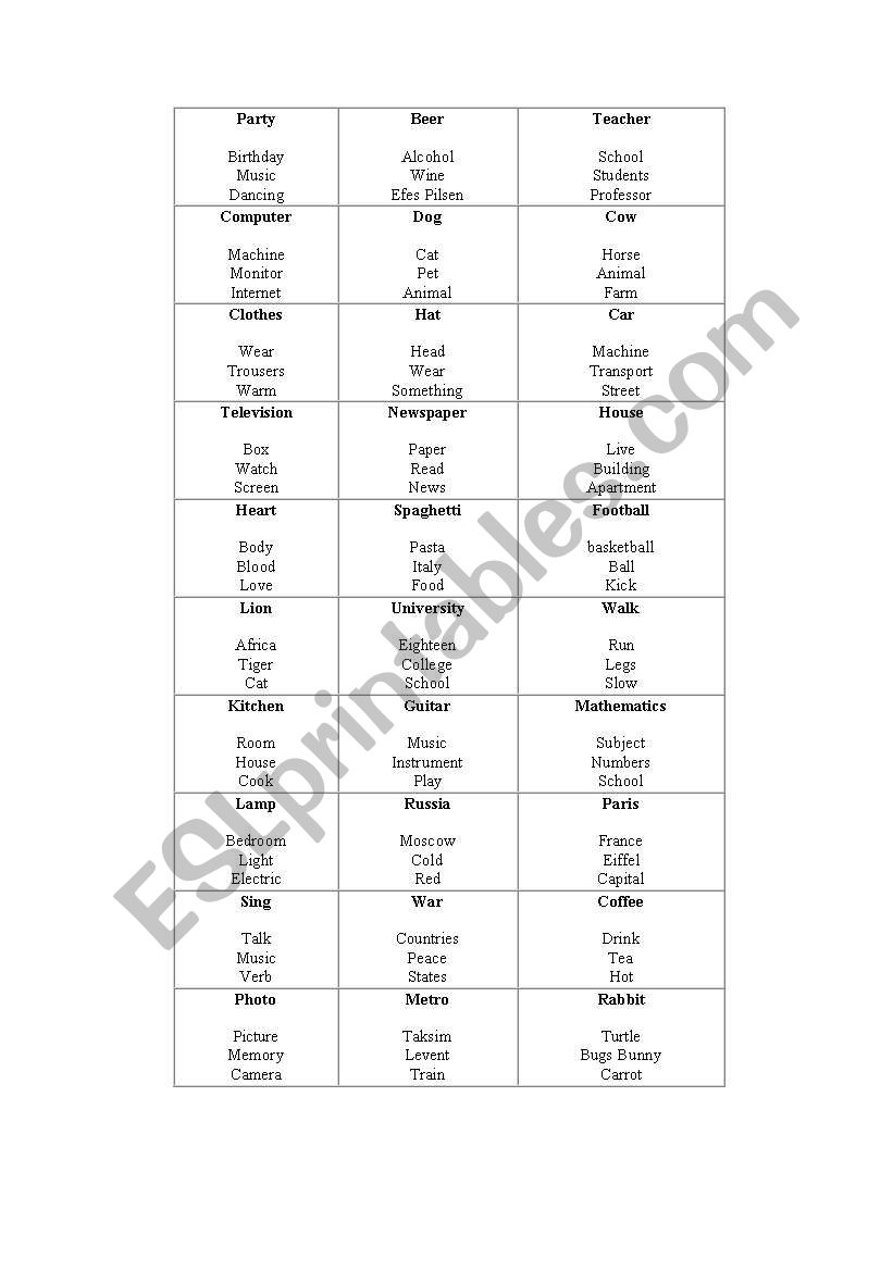 TABOO FOR ELEMENTARY STUDENTS worksheet