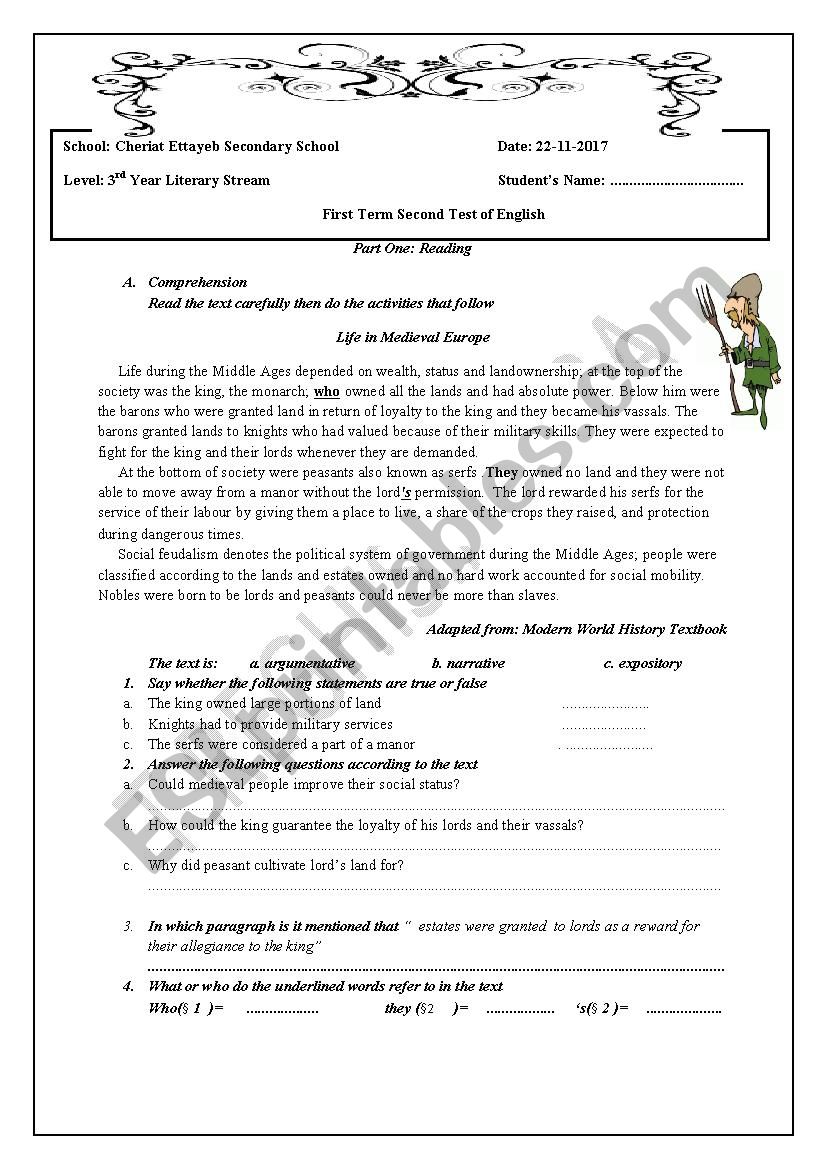 Life in Medieval Europe  worksheet