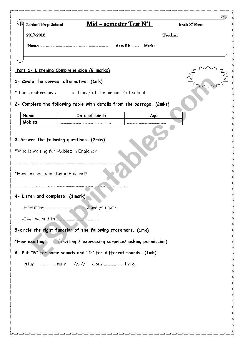 mid semester test n1 worksheet