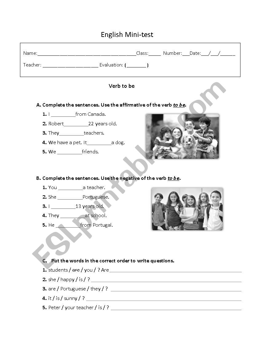 Mini-test verb to be worksheet