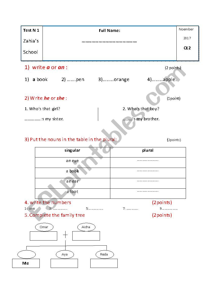 test worksheet