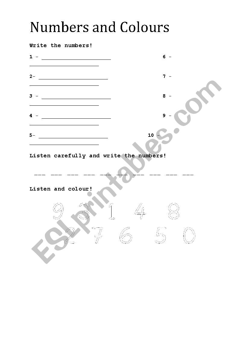 Numbers and colours worksheet