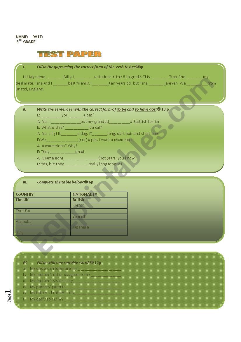 TEST PAPER worksheet