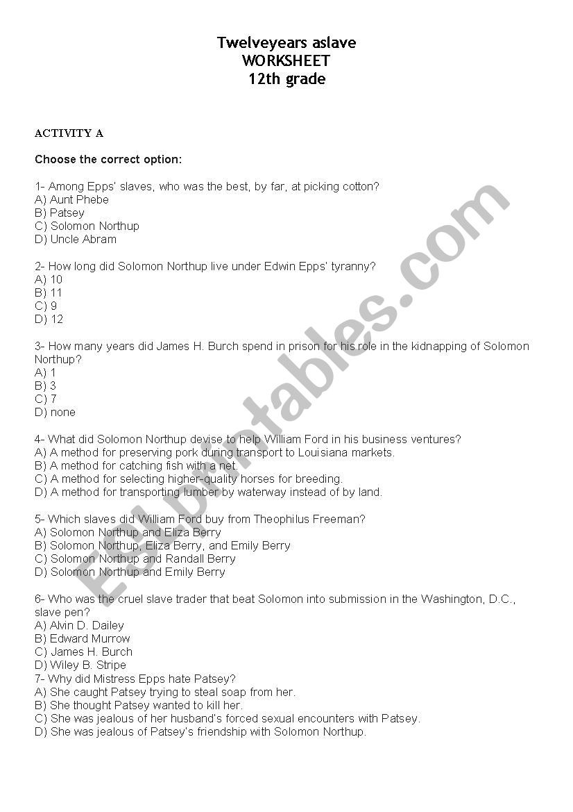 Twelve years a slave worksheet