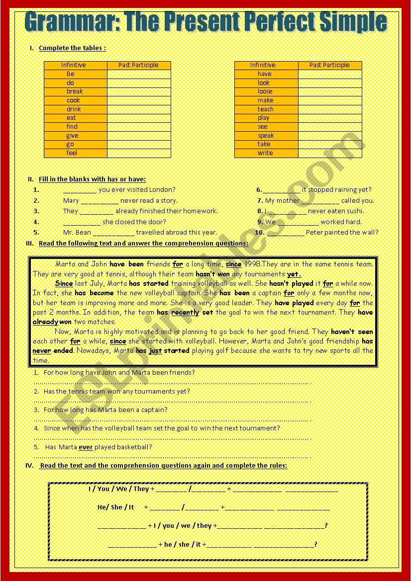 The Present Perfect Simple worksheet