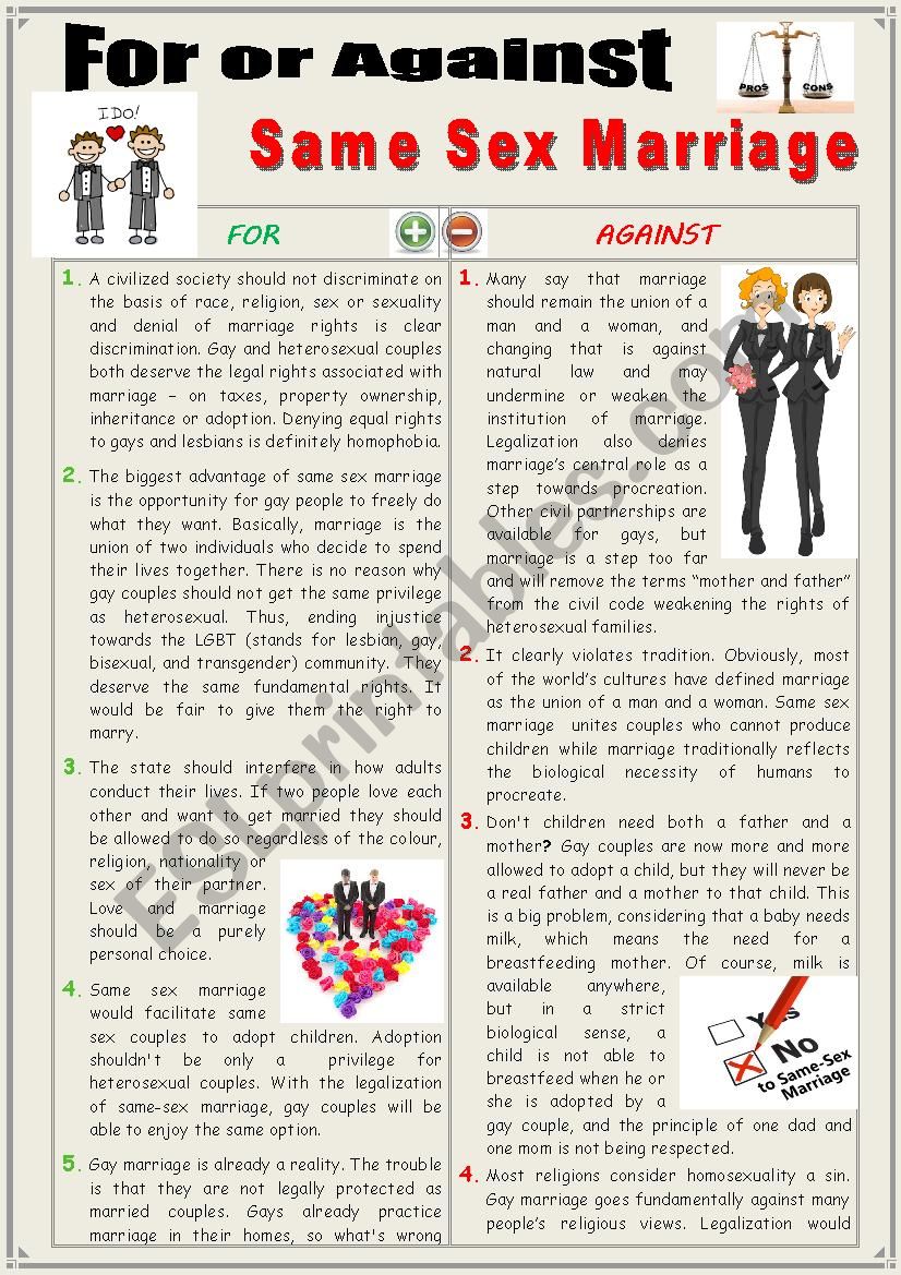 For Or Against Same Sex Marriages Debating Esl Worksheet By Karagozian