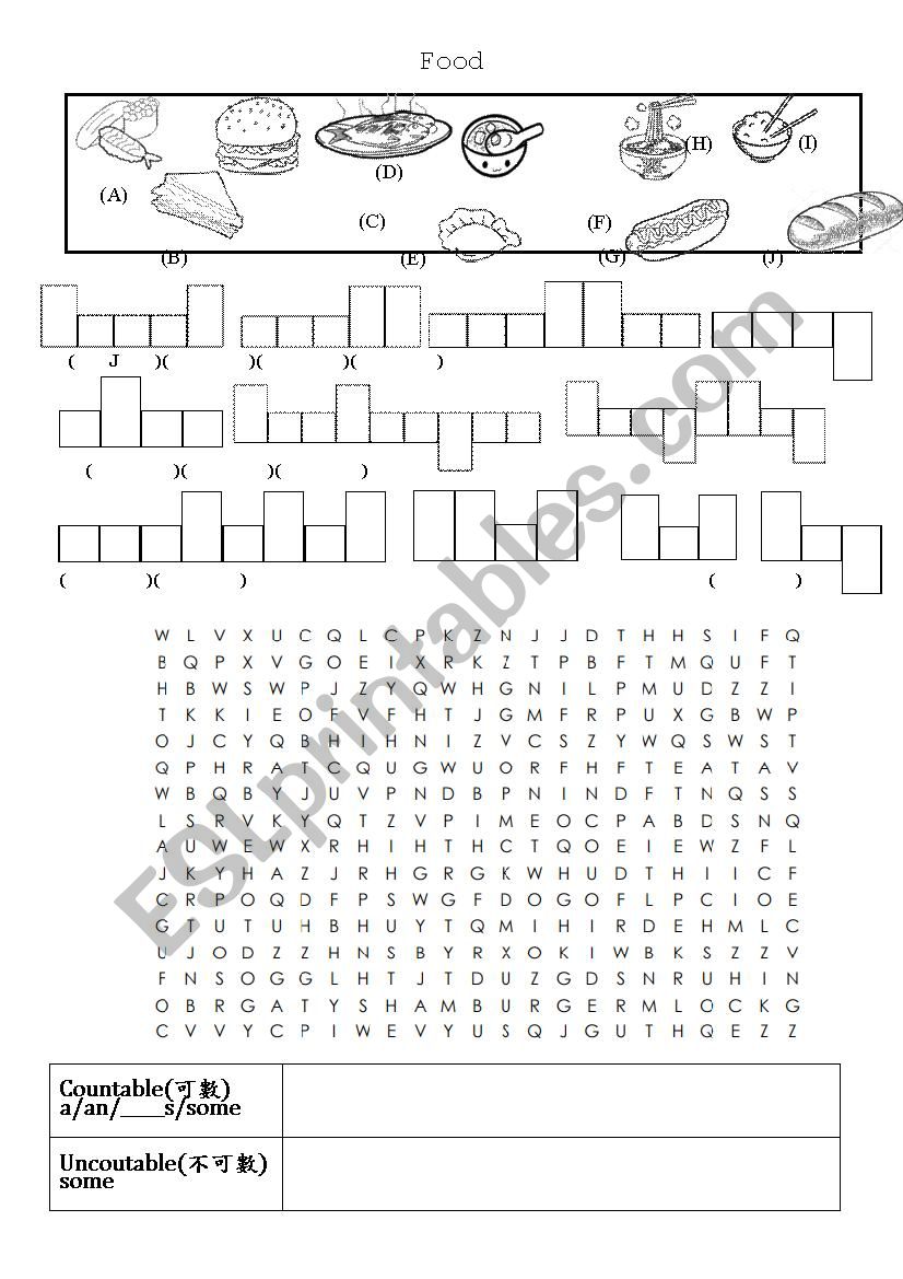 Food (countable & uncoutable) word shape and word search