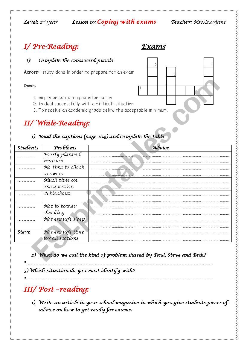 Lesson 19 coping with exams worksheet