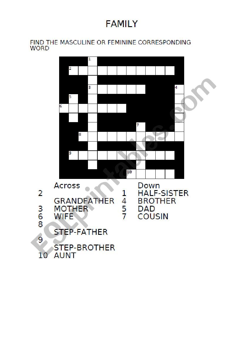 FAMILY CROSSWORD + KEY worksheet