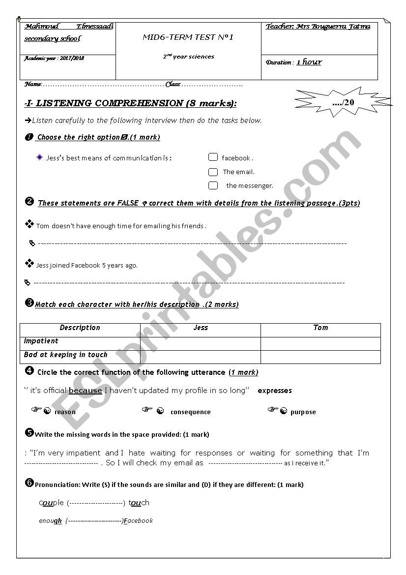 mid-term test for second year secondary school tunisian students