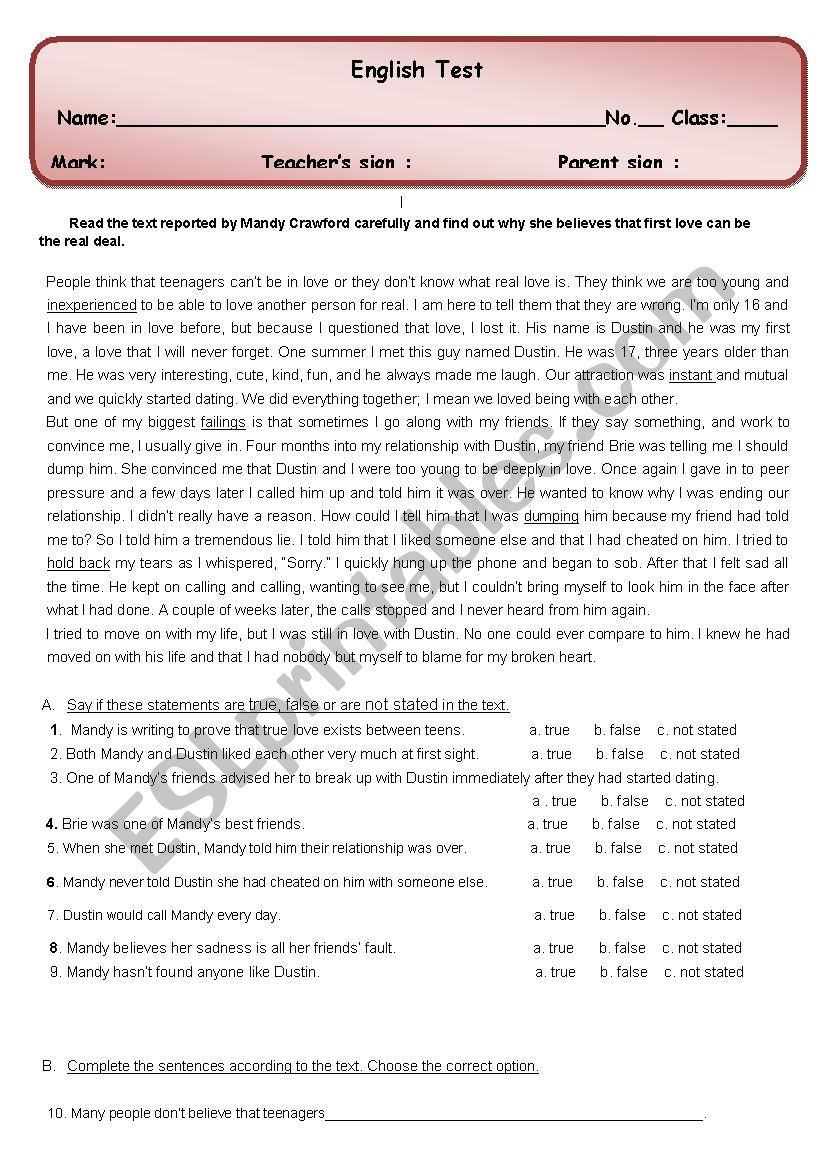 Teenage love: multiple choice test- Year 10  (suitable for quick key/Zipgrade apps)