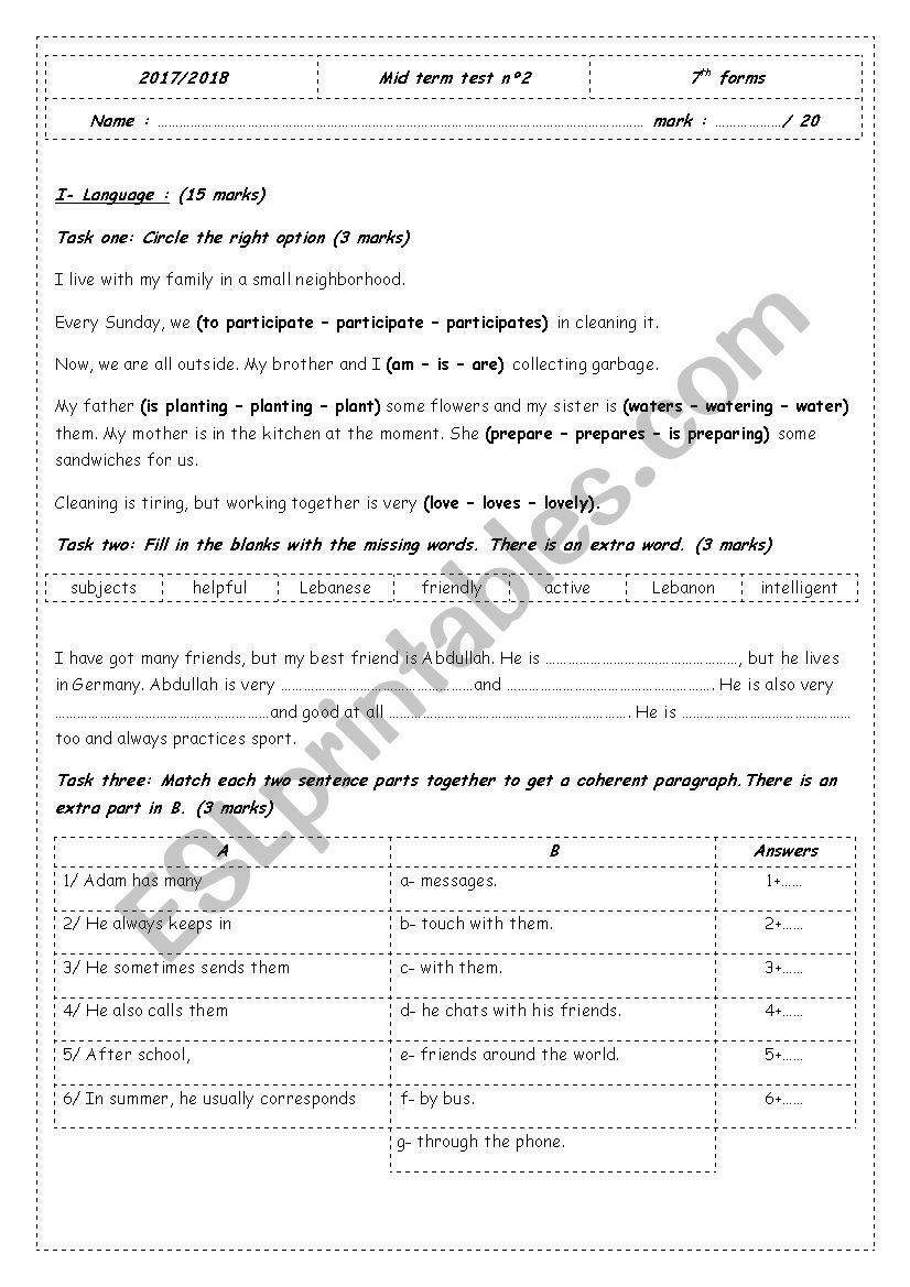 mid term test n2 7th form worksheet