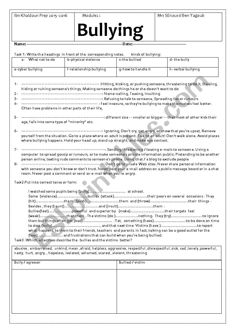 Bullying /school violence worksheet