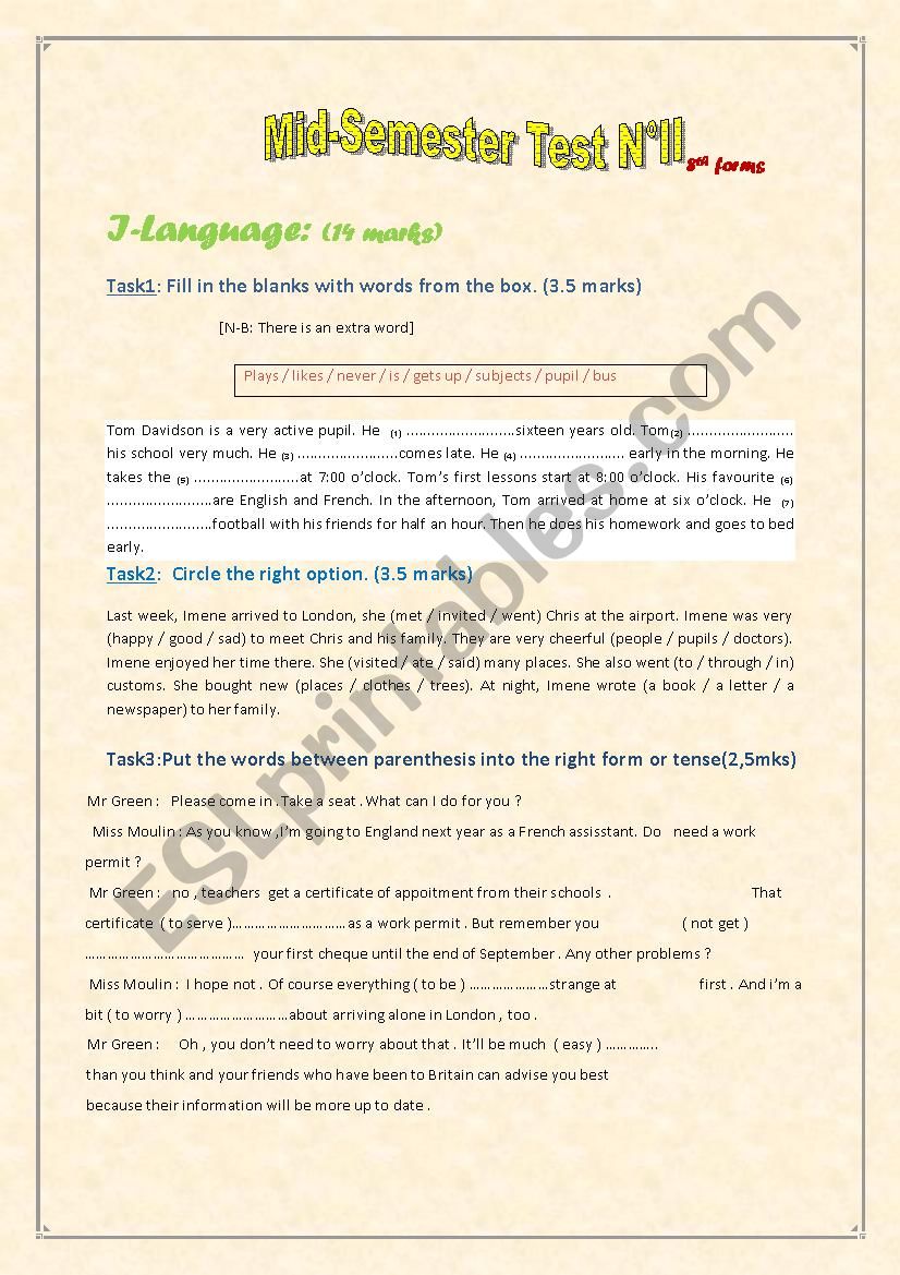 Mid-Sem-Test N°2 8th forms - ESL worksheet by lobna sari3a