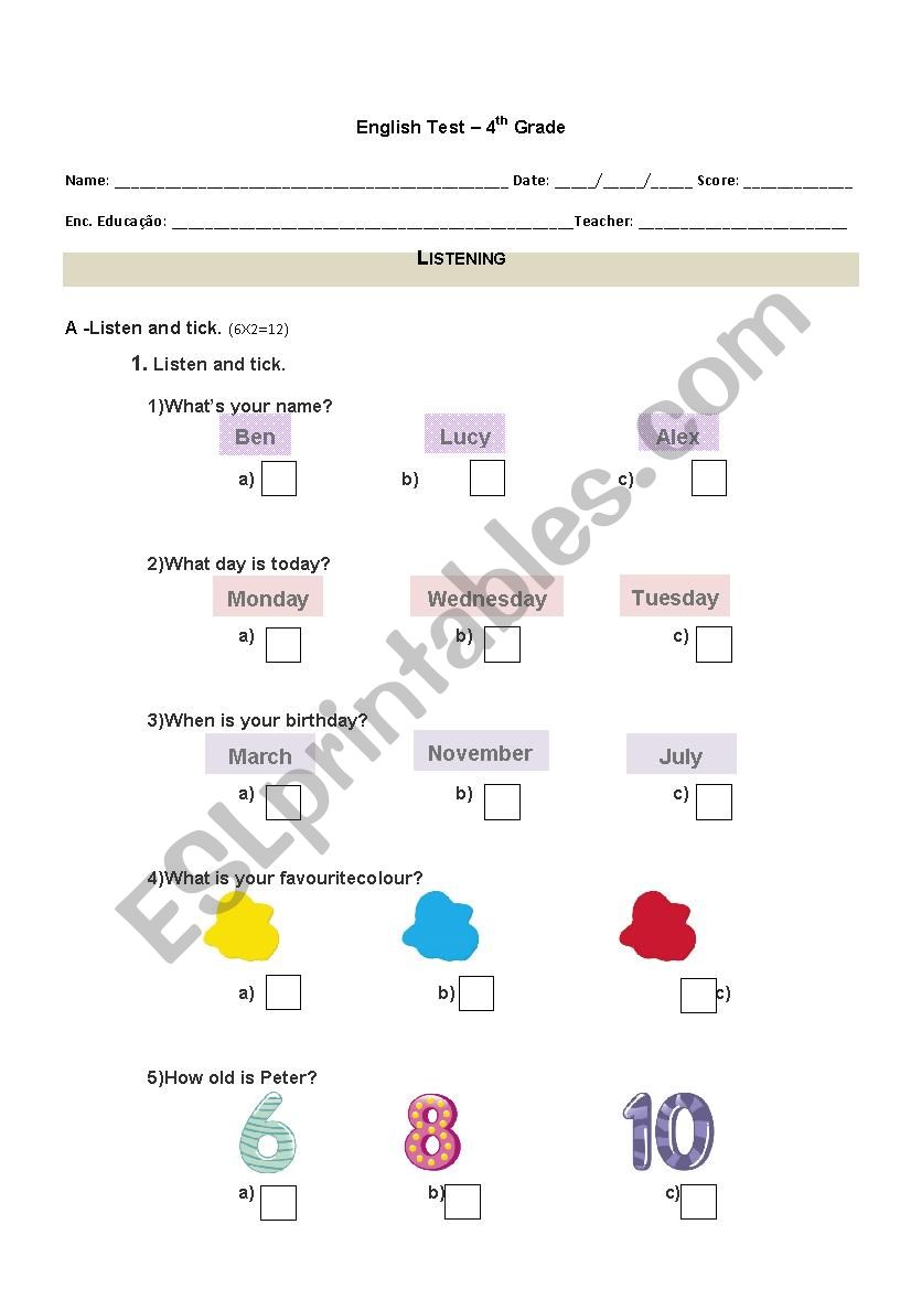 Test 4th worksheet