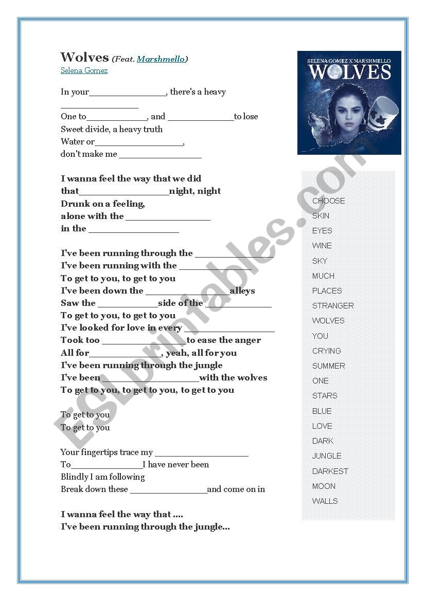 Wolves - Song by Selena Gomez worksheet