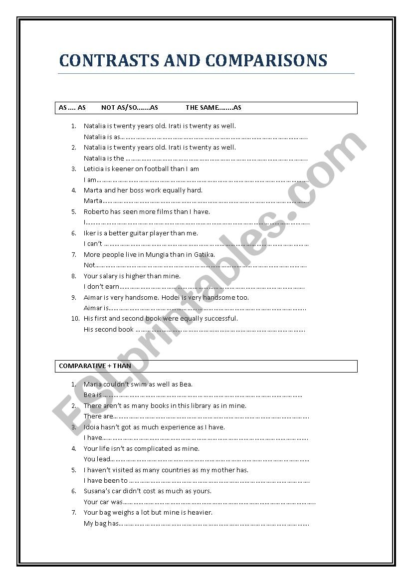 CONTRAST AND COMPARISON worksheet
