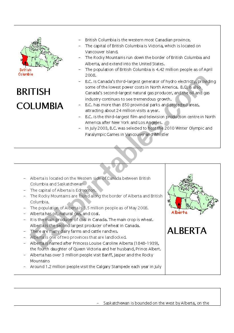 Canadian Provinces - Facts Handout 1/3
