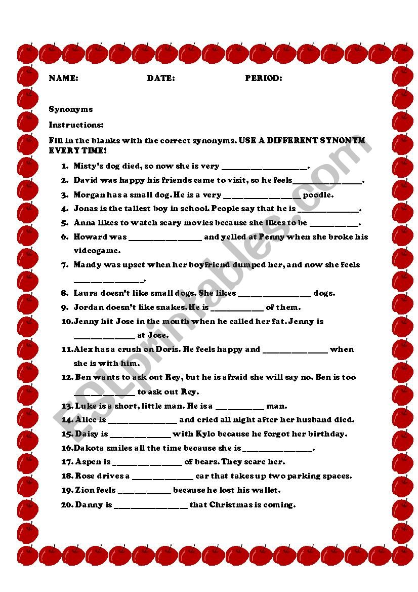 Synonyms worksheet