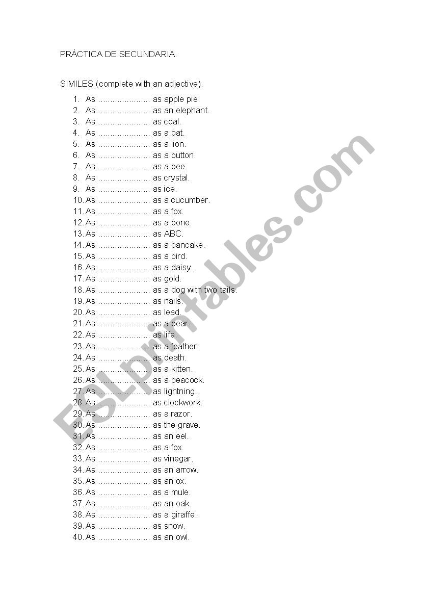 similes with key worksheet