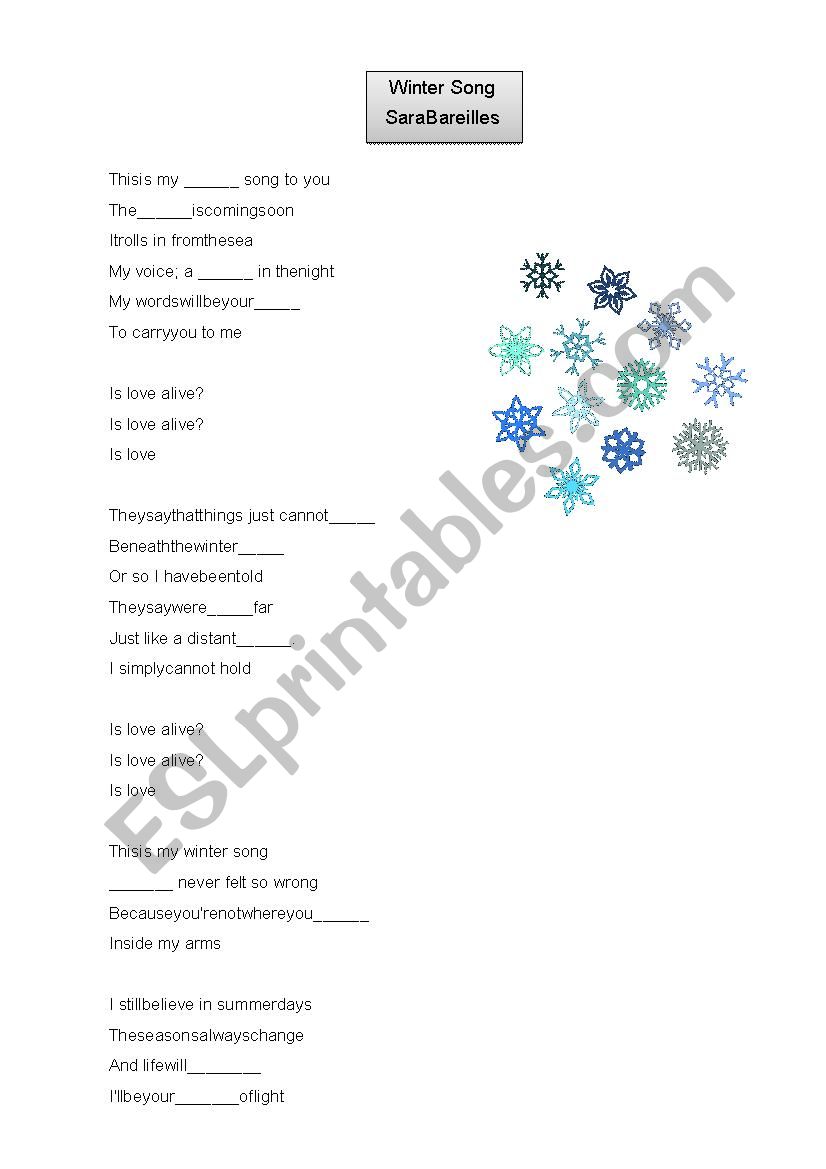 Download Winter Song Esl Worksheet By Veronikika