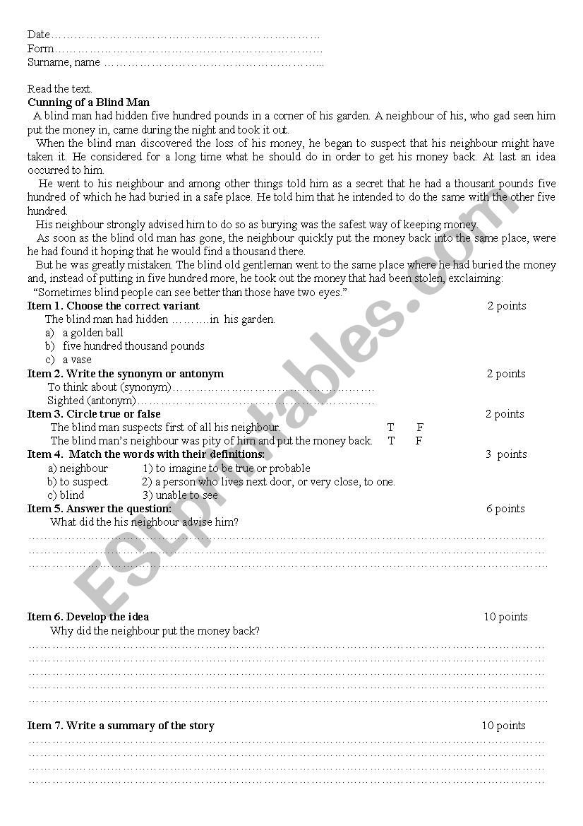 Cunning of a Blind Man worksheet