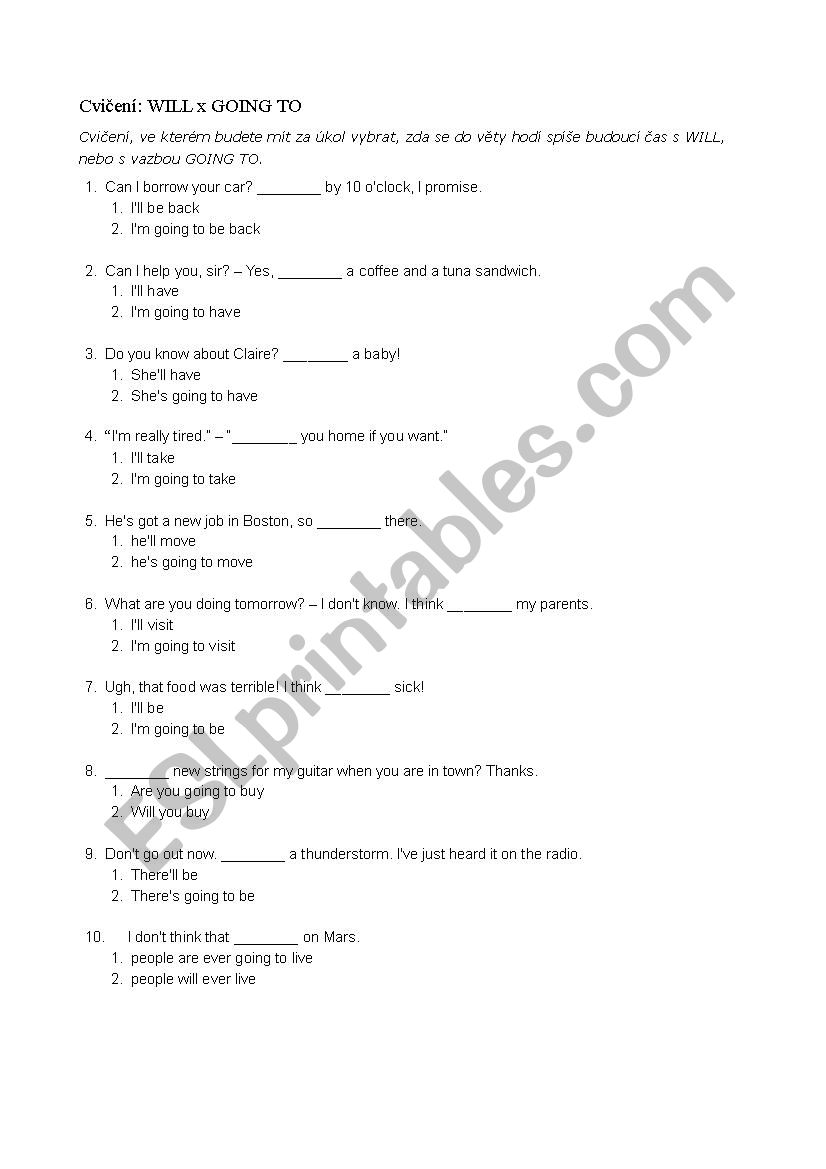 Will vs.Going to worksheet