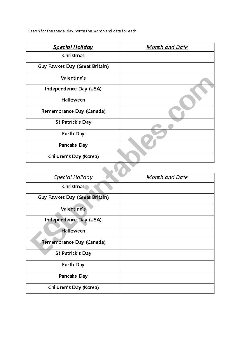 Holiday date search worksheet