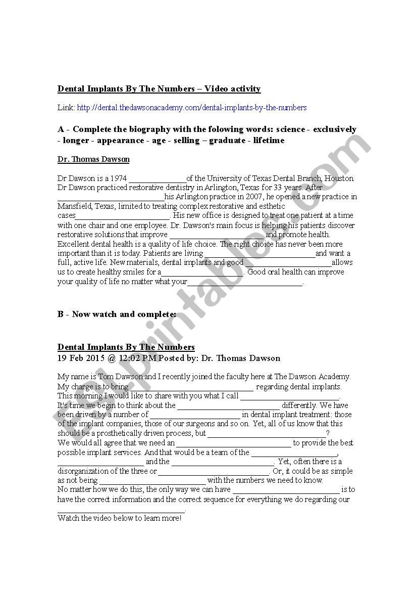 Video about dental implants worksheet