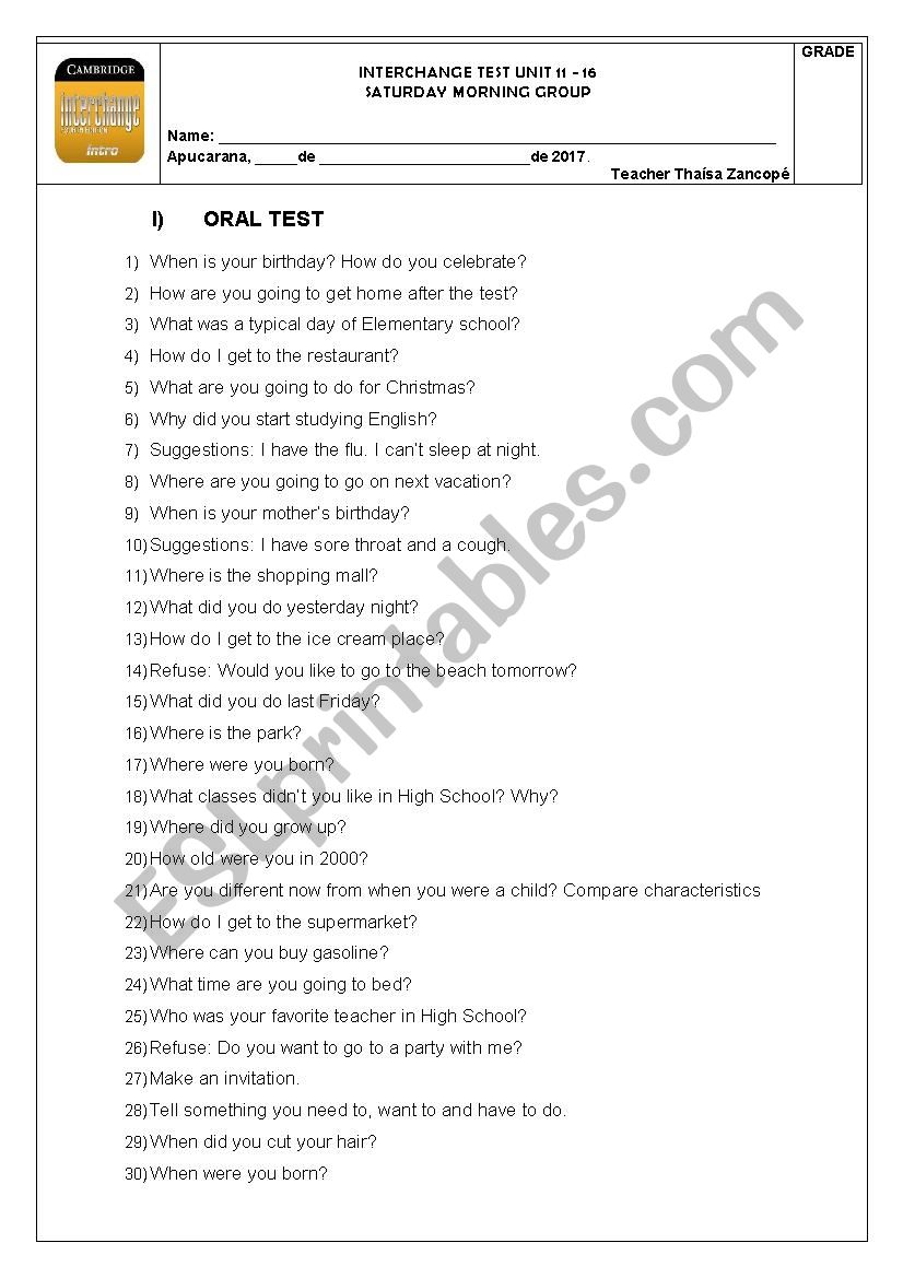 Interchange Intro ORAL TEST 11-16