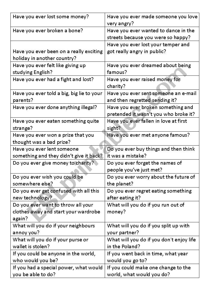 Conversation cards for adults worksheet