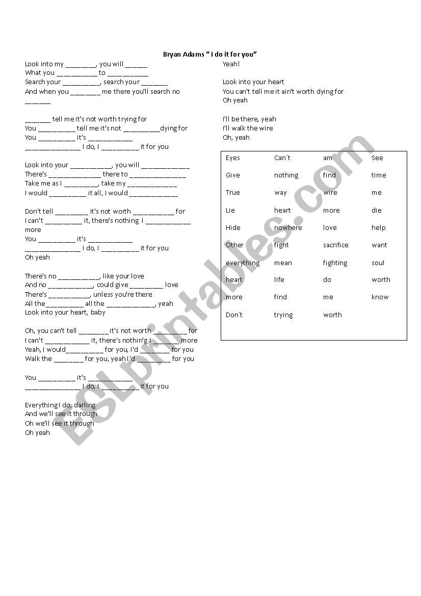 I do it for you song worksheet