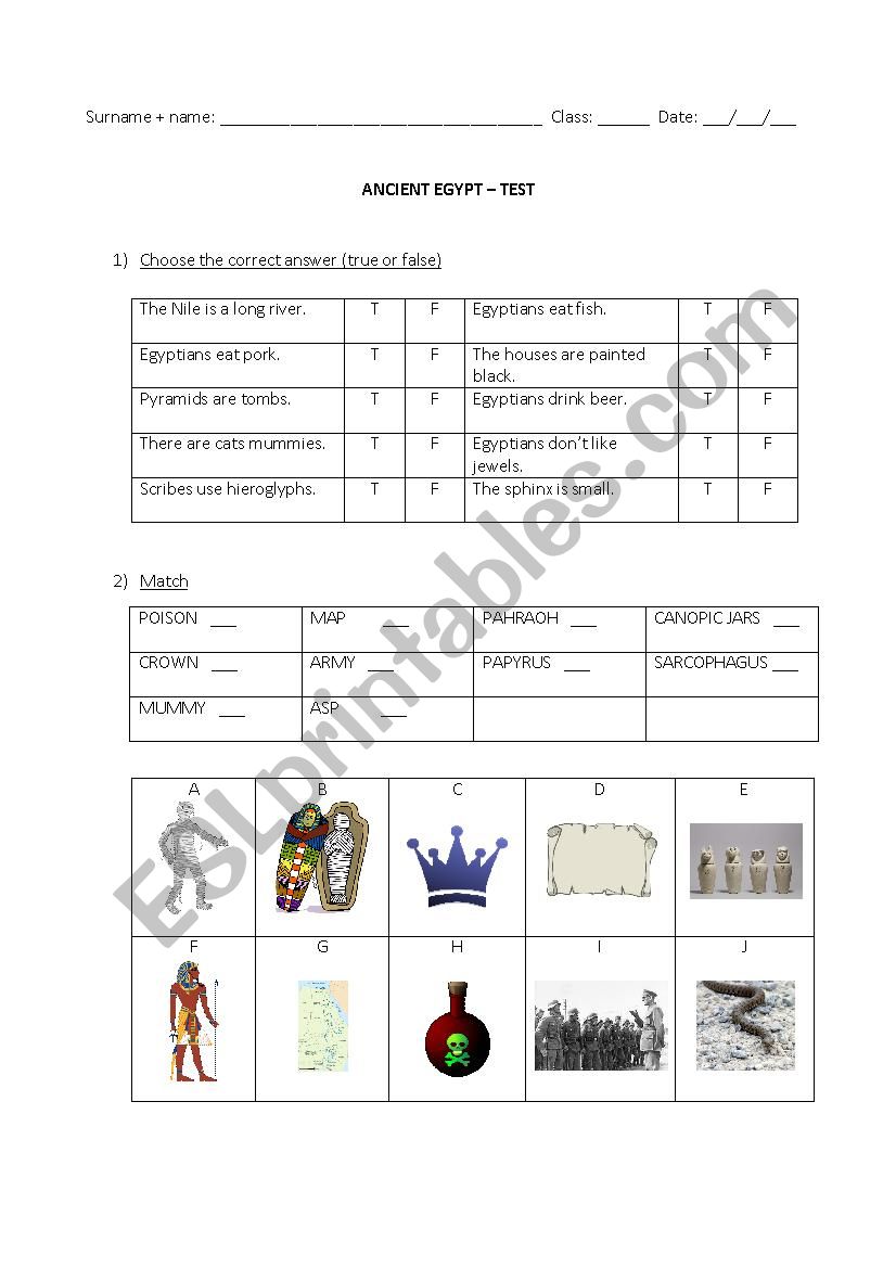 Ancient Egypt test worksheet