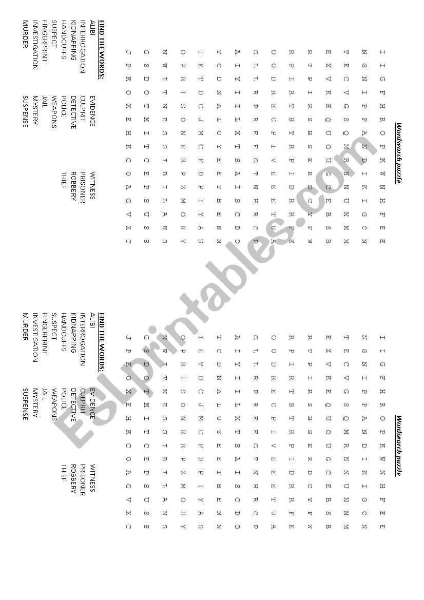 Detective stories Wordsearch worksheet