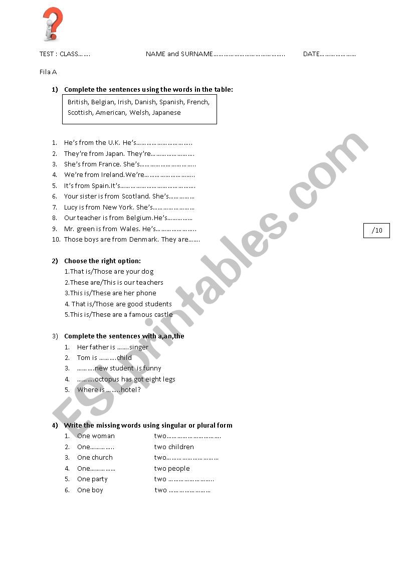 test for young learners worksheet