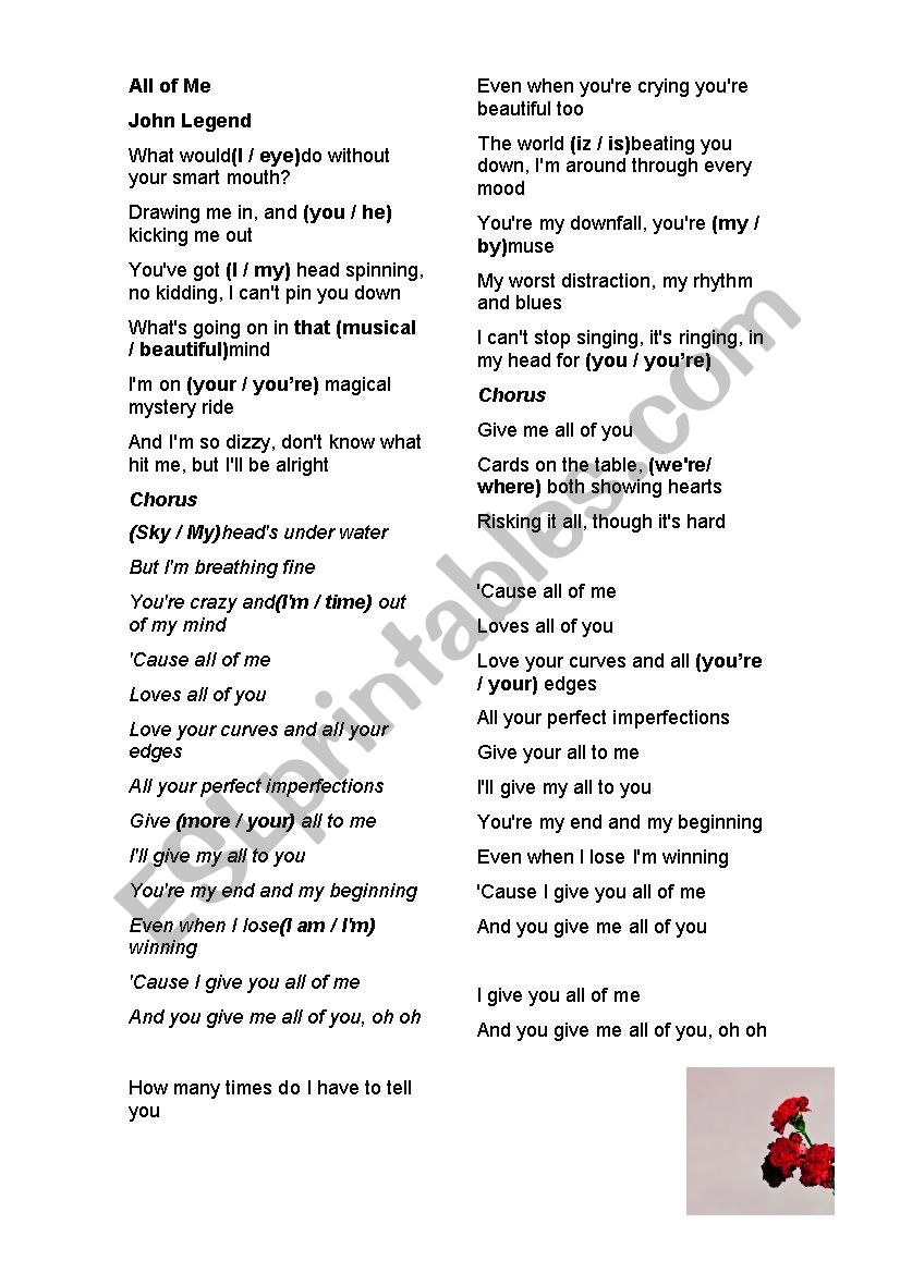 All of Me - John Legend worksheet