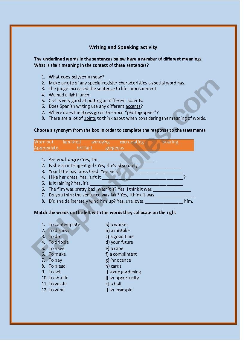 Writing and speaking hand-out worksheet